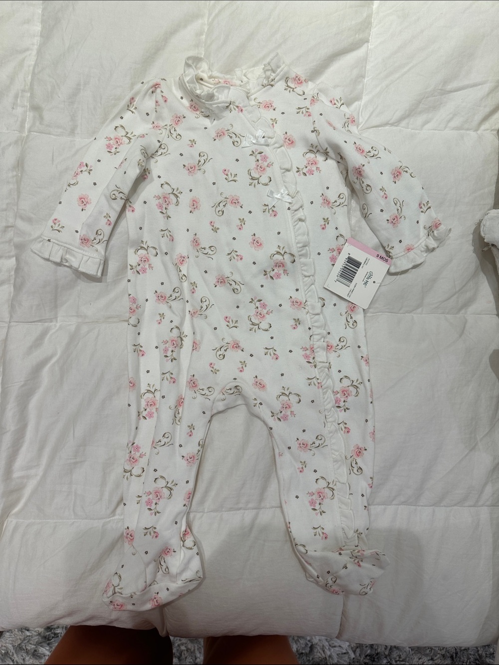 Little Me White Footed One-Piece with Pink Rose Print